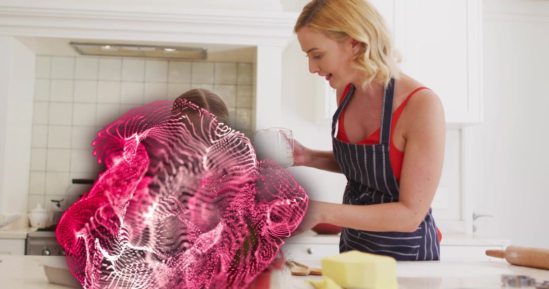 Mother offering mug while baking with child in bright kitchen with pink digital mesh, butter