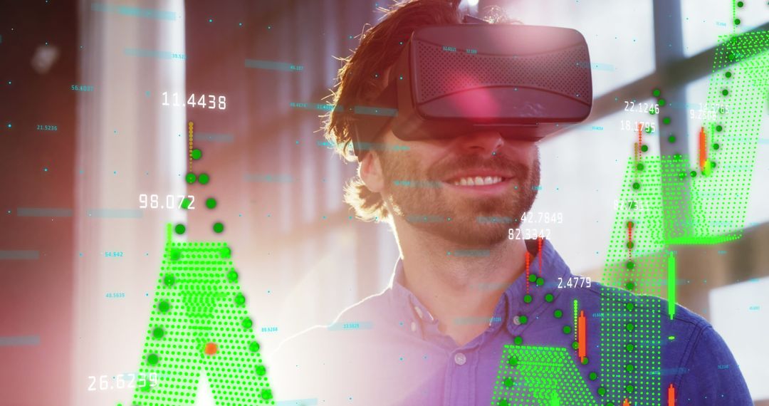 Man Experiencing Virtual Reality with Financial Data and Statistics Overlay