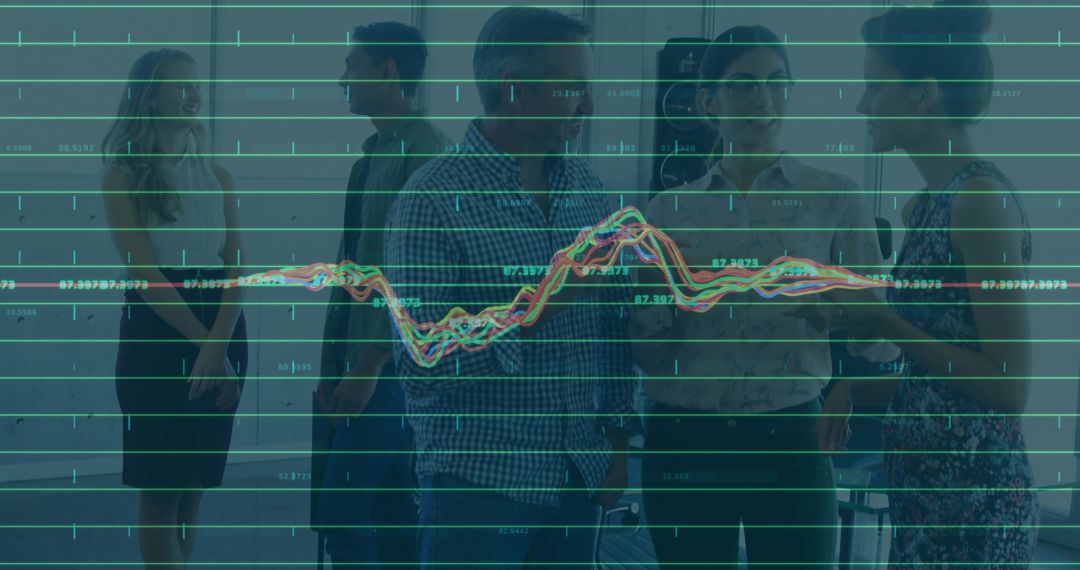 Business Team Collaborating with Analytics Graph Overlay