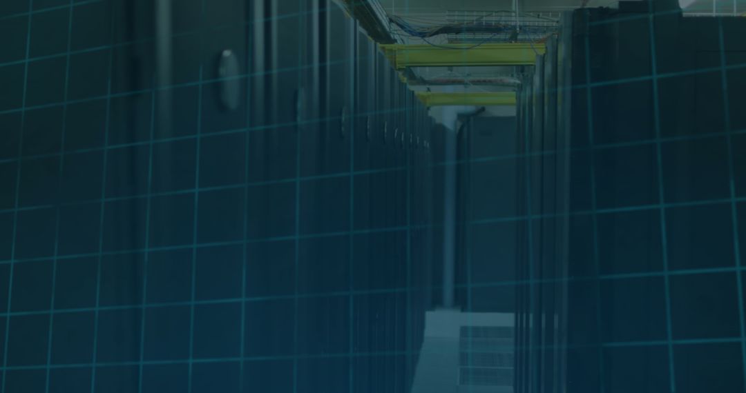 Blue Digital Grid Overlay on Server Room Rows