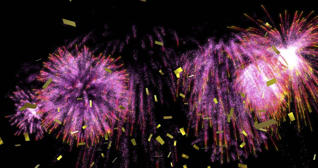 Vibrant Fireworks and Gold Confetti Display in Night Sky