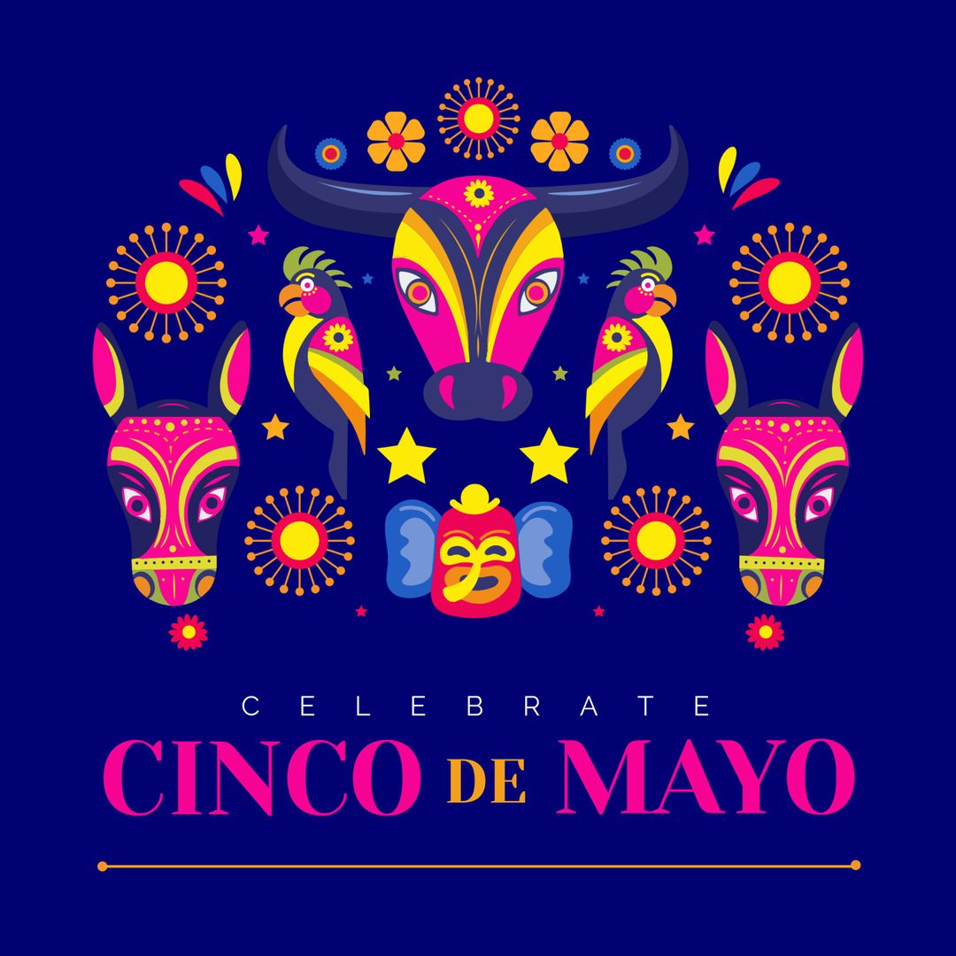 Illustration of celebrate cinco de mayo text, colorful flowers and animal doodles on blue background - Download Free Stock Templates Pikwizard.com