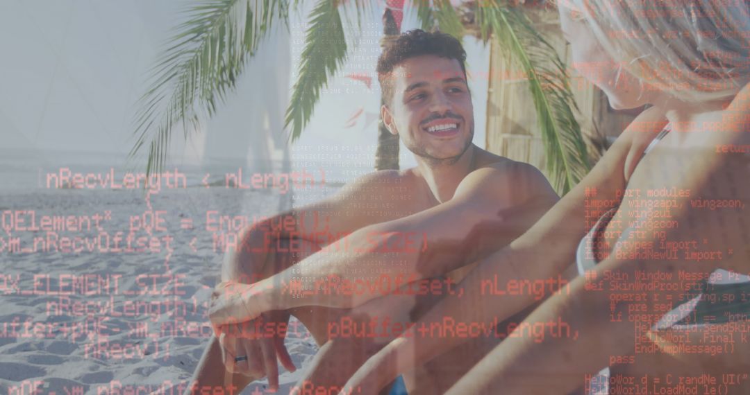 Tech Overlay Beach: Happy Couple Relaxing on a Sunny Day