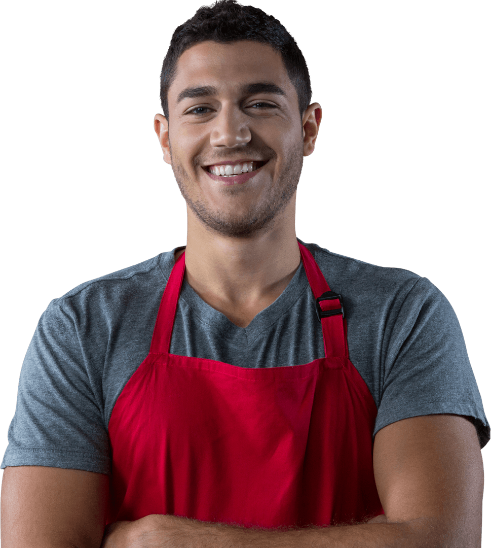 Friendly Male Waiter in Red Apron Crossing Arms Smiling Transparent Background