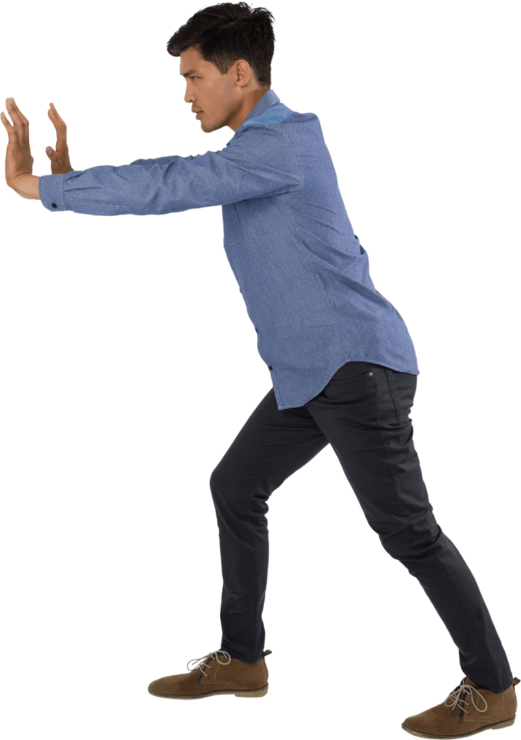 Businessman in Denim Shirt Pushing on Invisible Barrier Transparent