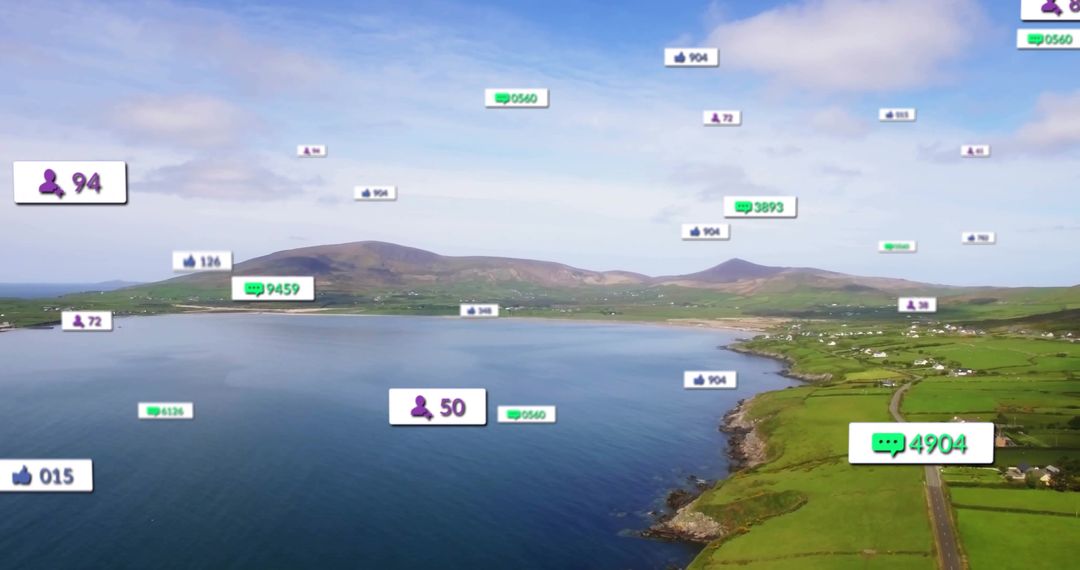 Digital Analytics Icons Floating Over Tranquil Coastal Landscape