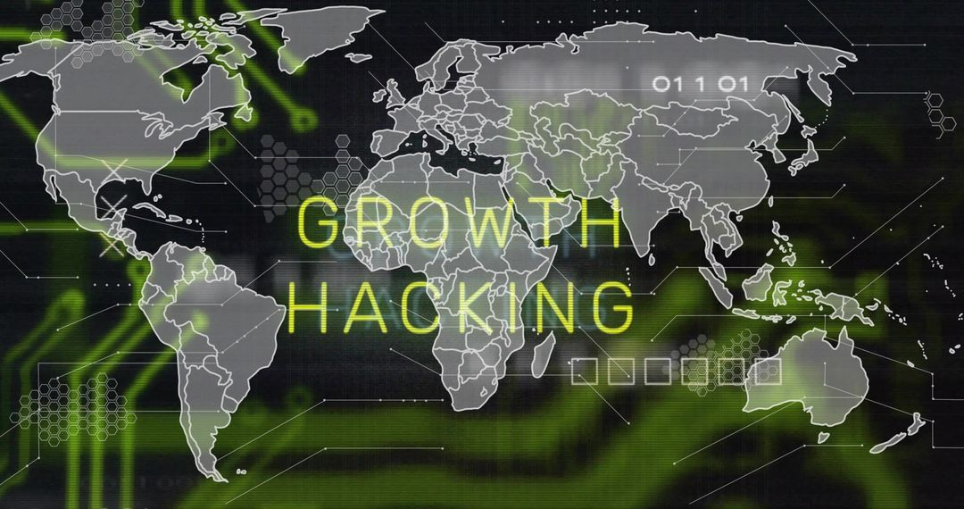 Global Growth Hacking Dashboard Showing Neon Yellow GROWTH HACKING Over Futuristic Map