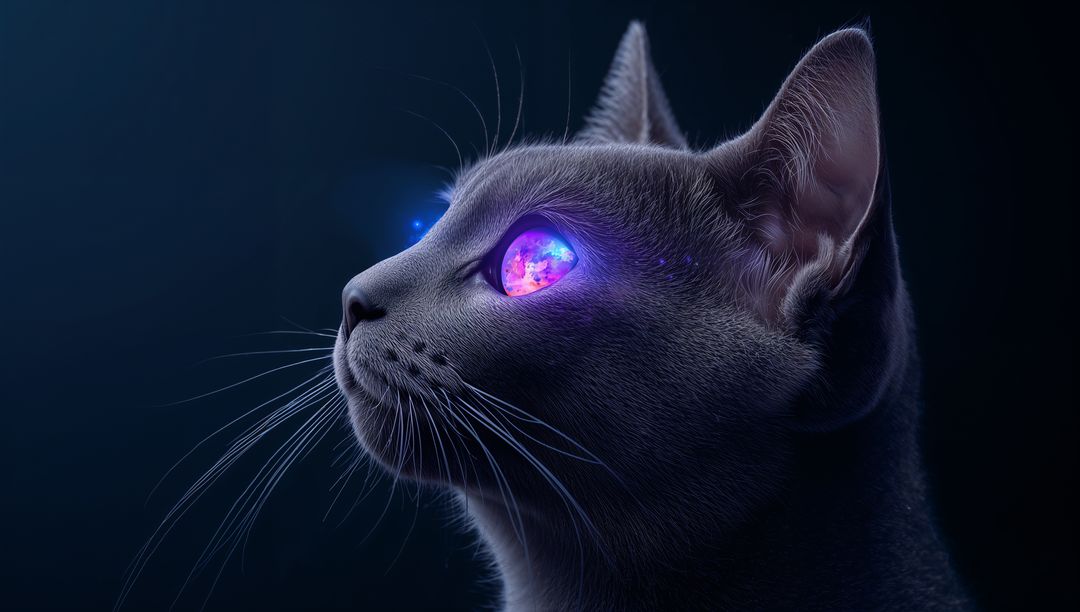 Gray Cat with Cosmic Glowing Eye in Mystical Illumination