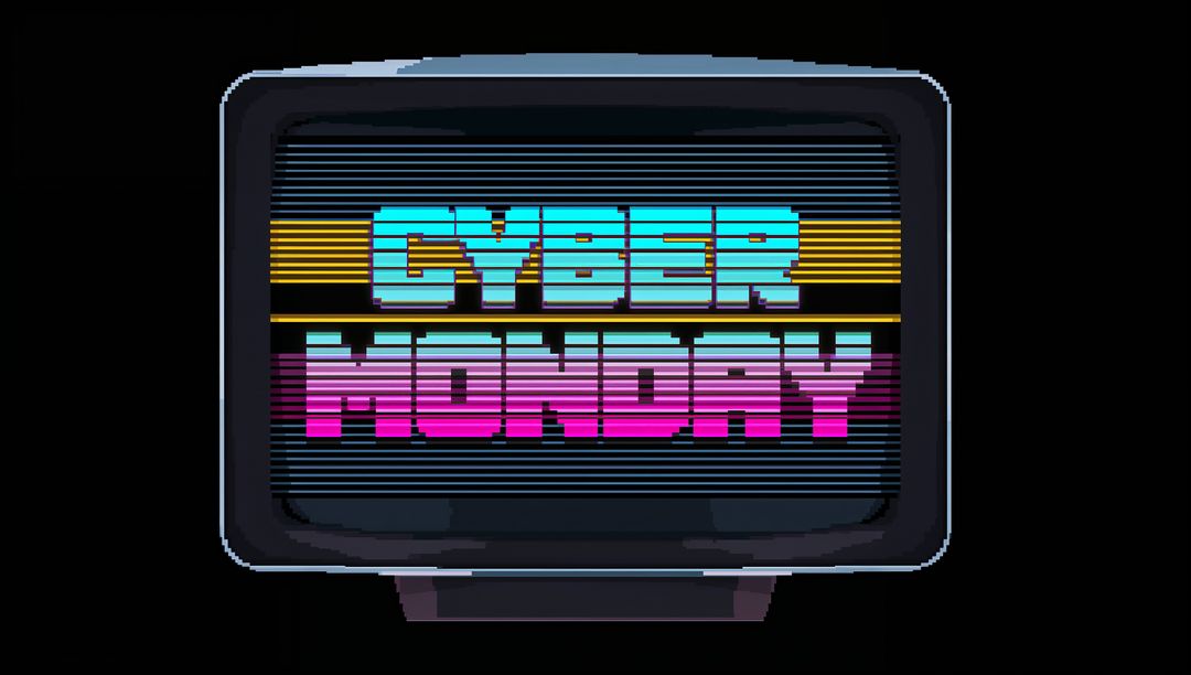 Retro Pixel CRT Displaying CYBER MONDAY Neon Text in Synthwave 80s Cyberpunk Style