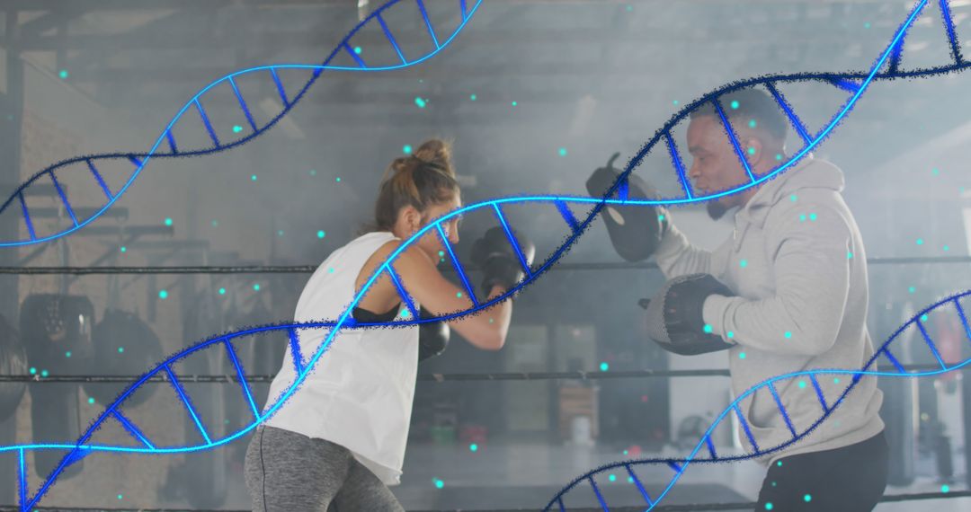 Boxing Training in Gym Overlaid with DNA Strands Visualization - Free Images, Stock Photos and Pictures on Pikwizard.com