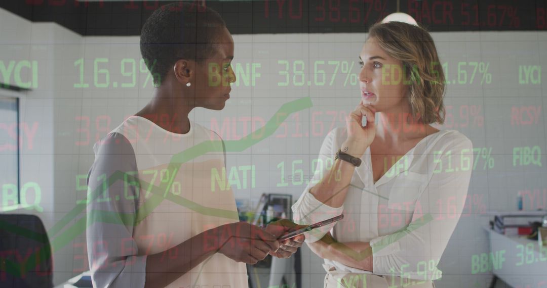 Businesswomen Analyzing Financial Data on Tablet, Double Exposure Stock Market - Free Images, Stock Photos and Pictures on Pikwizard.com