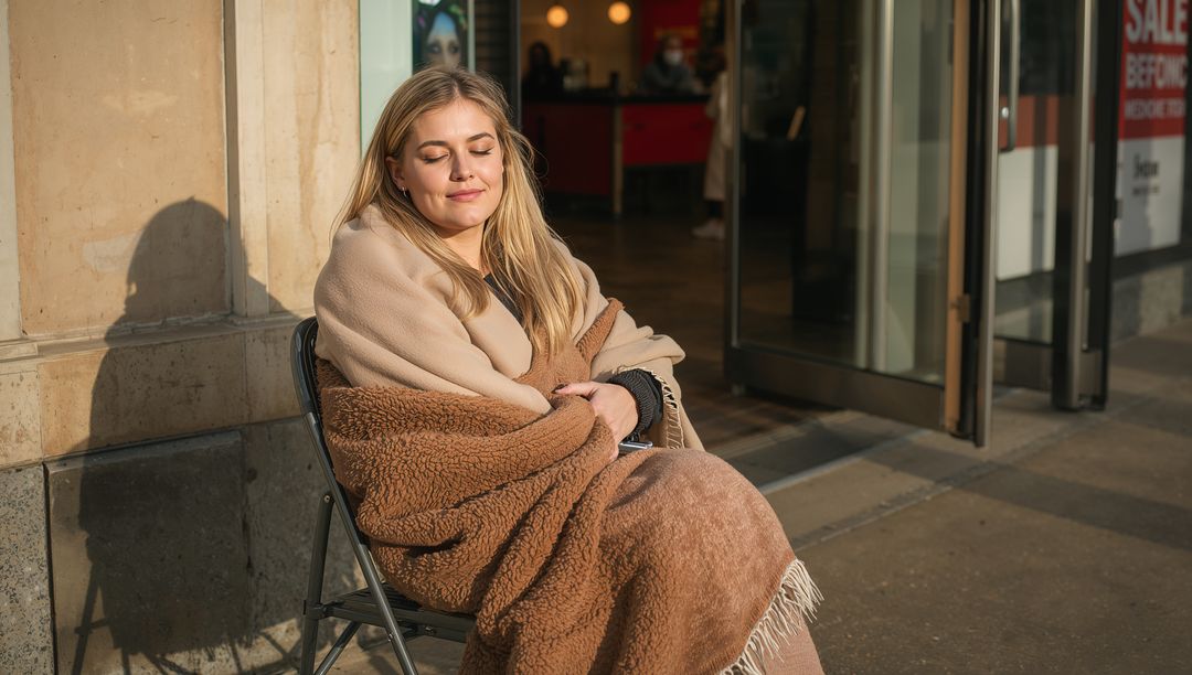 Resting woman wrapped in cozy blanket soaking up sunlight while sitting outside storefront