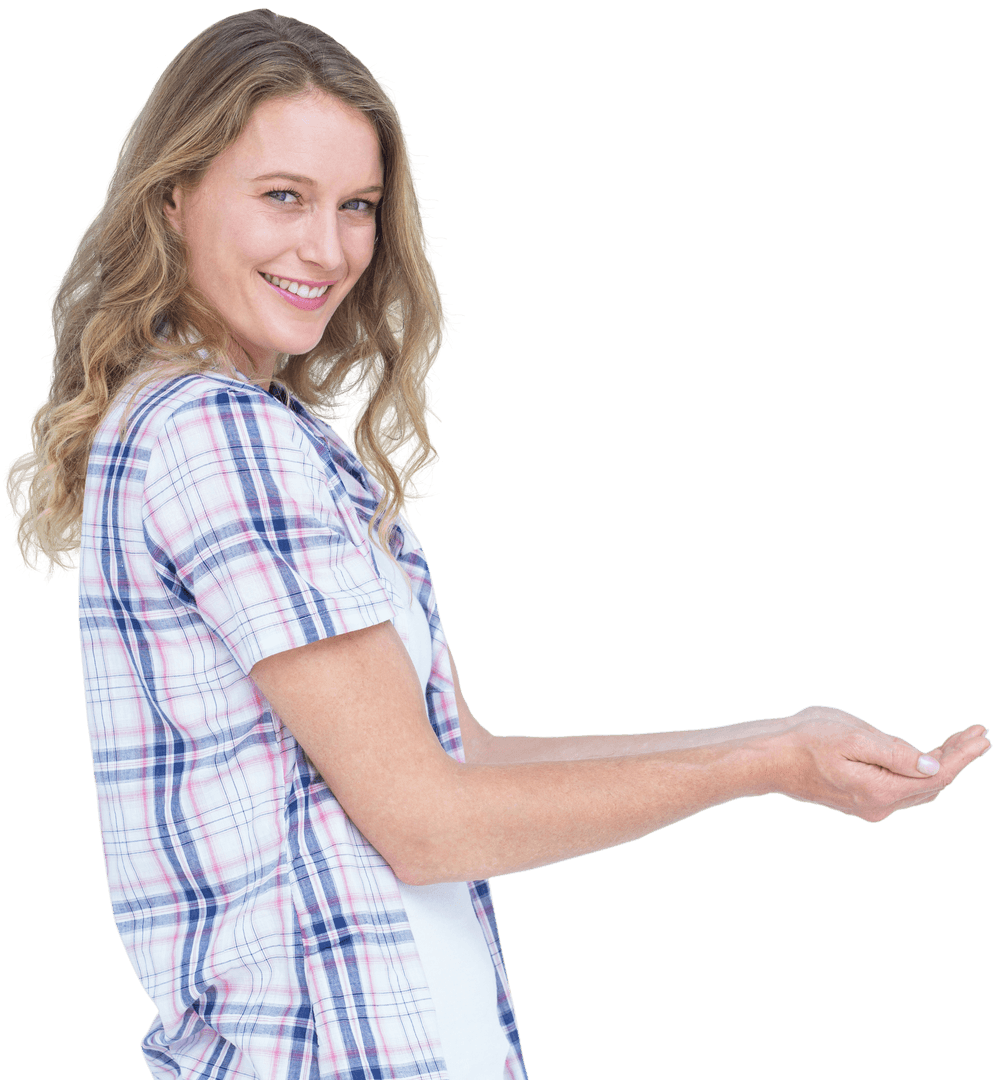 Transparent Woman Joyfully Presenting with Open Hands