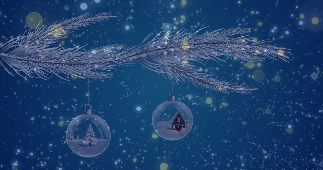 Christmas Baubles on Fir Branch with Snowy Scenery