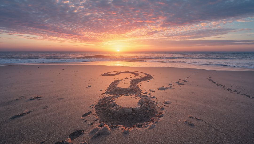 Sunrise on Beach with Question Mark in Sand Symbolizing Reflection