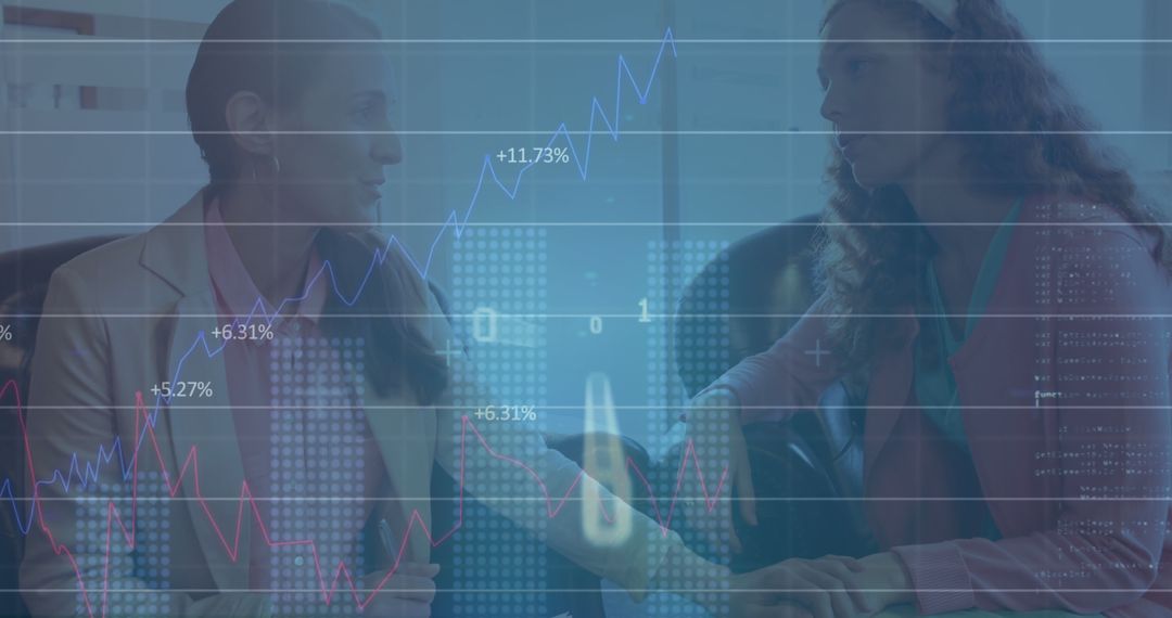 Business Professionals Discussing Financial Data with Digital Graph Overlay