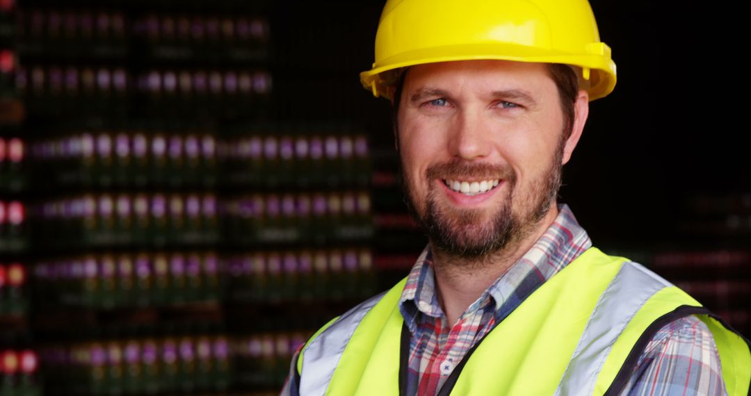 Smiling warehouse worker wearing hard hat and safety vest in storage facility - Free Images, Stock Photos and Pictures on Pikwizard.com