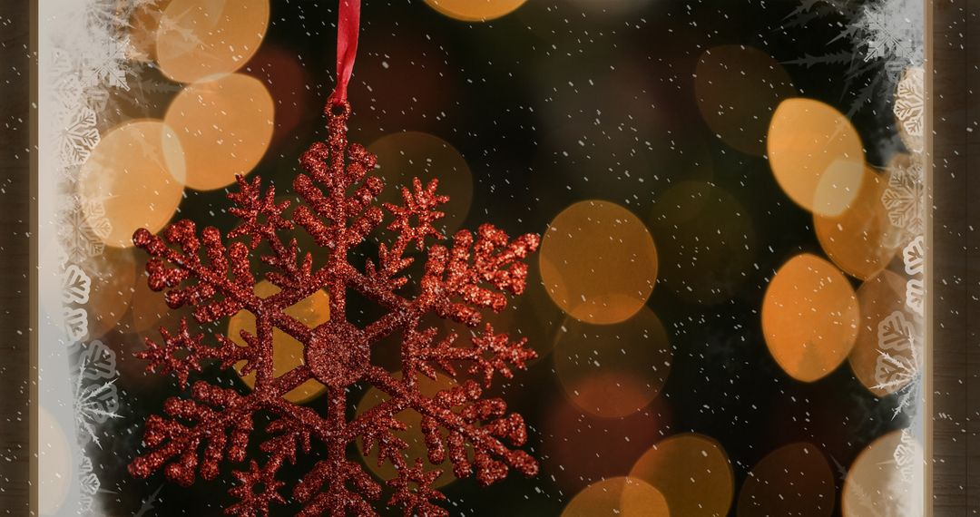 Festive Red Snowflake With Falling Snow and Warm Christmas Lights
