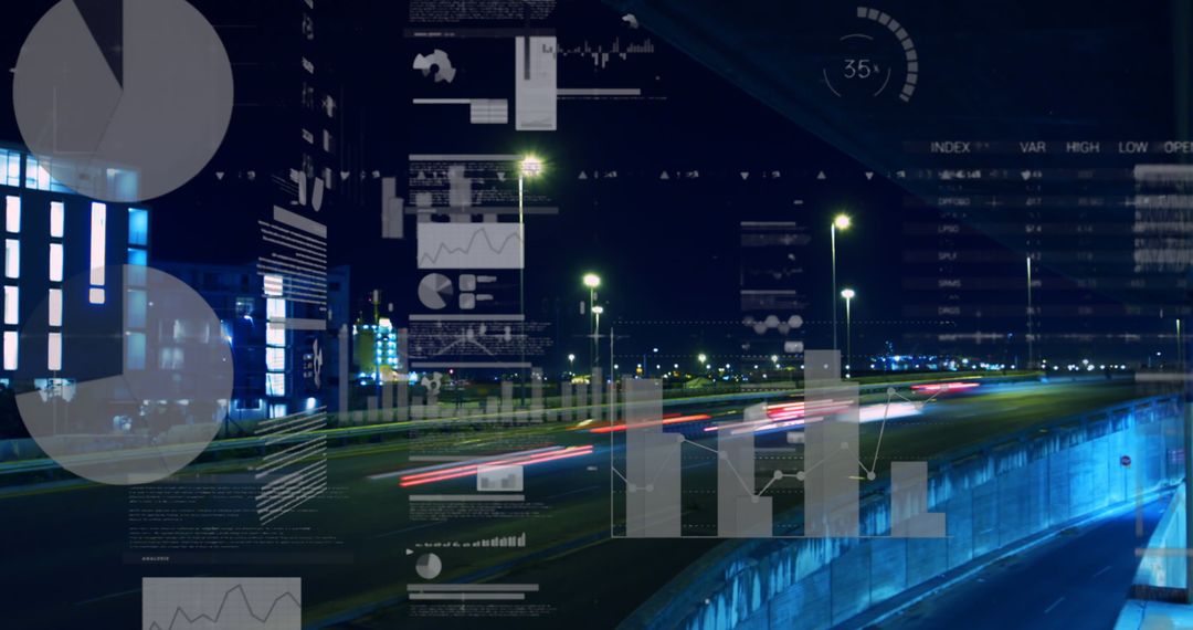 Digital Data Overlay Above Night Cityscape with Motion
