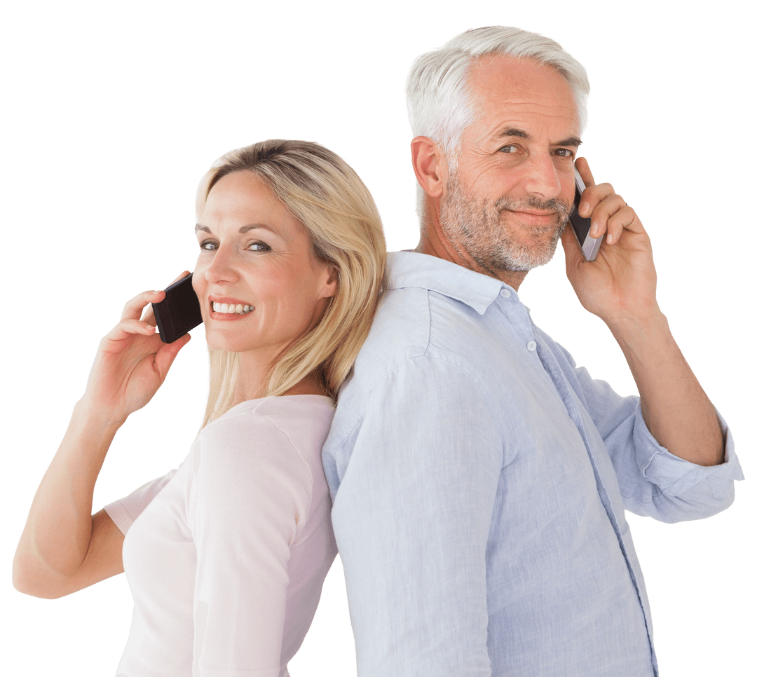 Mature Smiling Couple Chatting on Transparent Phones Concept