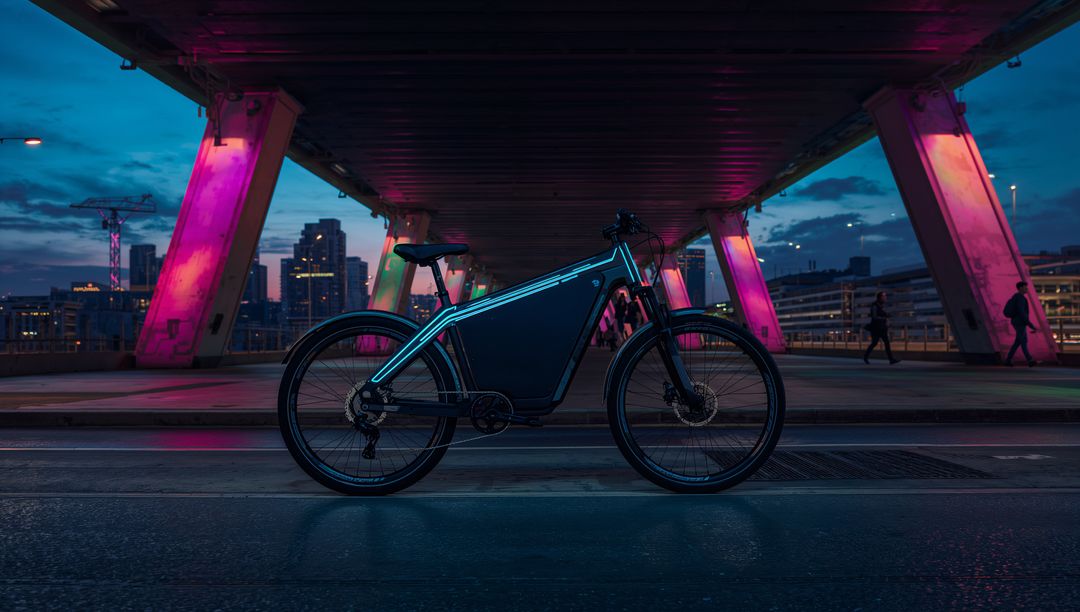Matte Dark E-bike with Built-In Battery beneath Neon-Lit Bridge at Twilight