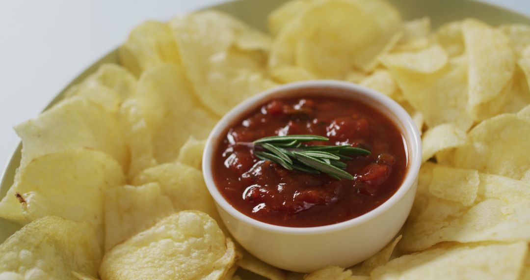 Image of crisps and salsa dip on a grey surface - Free Images, Stock Photos and Pictures on Pikwizard.com