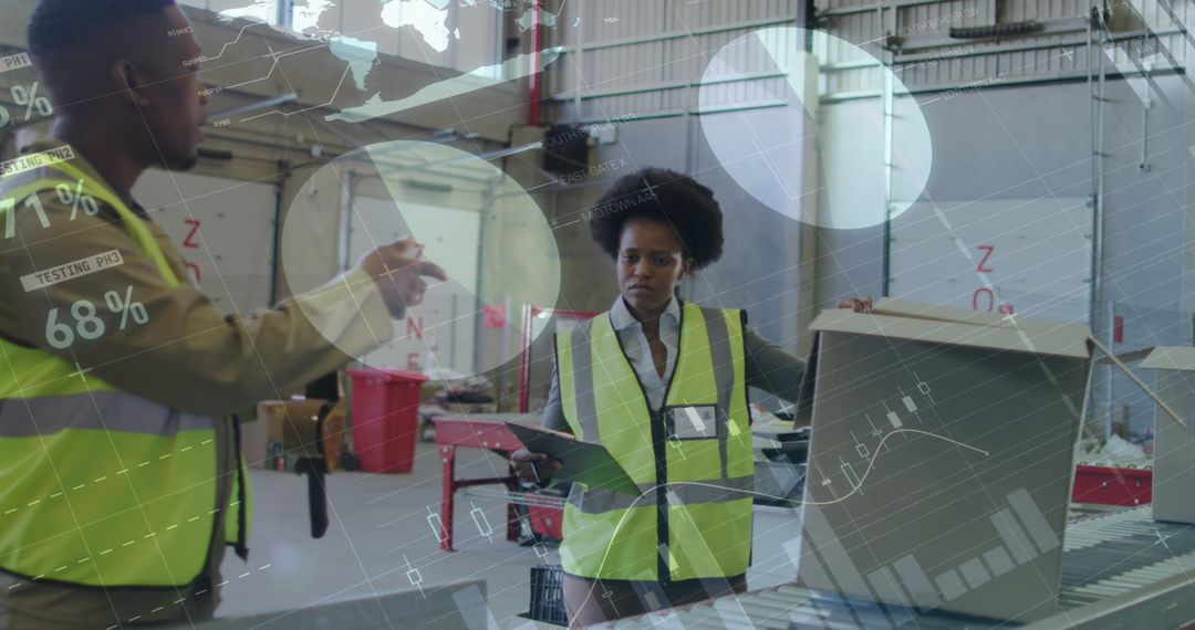 Warehouse Team Analyzing Real-Time Financial Data with Technology Overlay