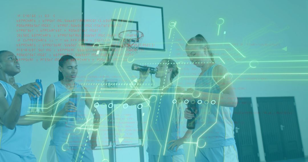 High school basketball team huddling and consulting whiteboard with neon tech overlay