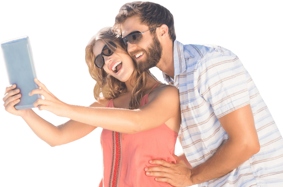 Happy Couple Taking Selfie with Tablet on Transparent Background