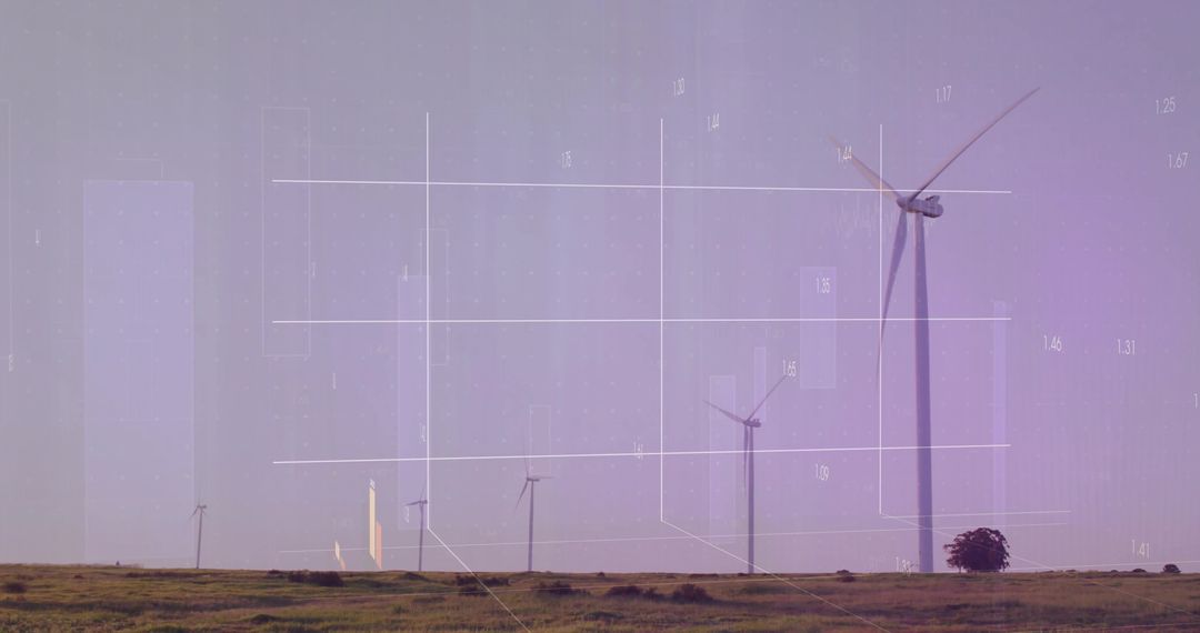 Wind turbines on grassland with purple data overlay showing renewable energy analytics