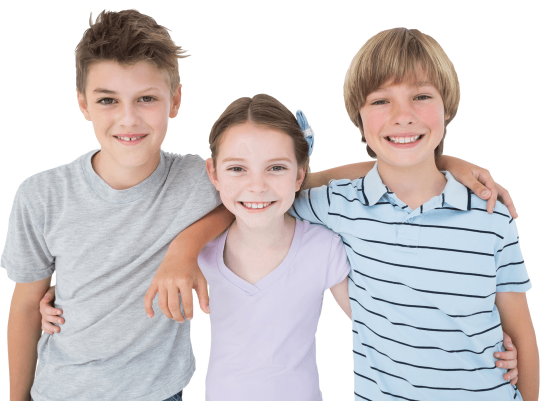 Happy Siblings Smiling with Arms Around Each Other on Transparent Background