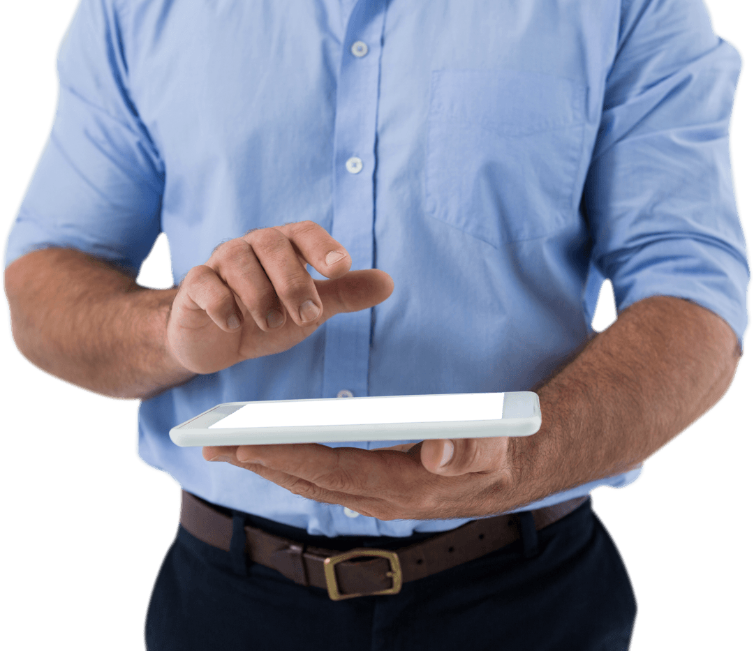 Man in Blue Shirt Using Tablet with Transparent Background