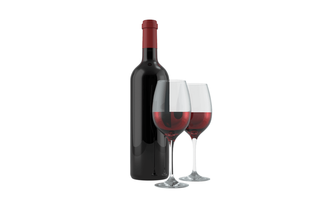 Red Wine Bottle with Two Glasses on Transparent Background