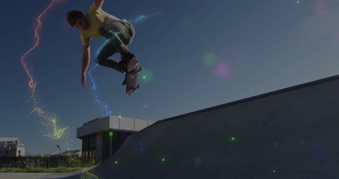 Skateboarder Performing Stunt with Dynamic Light Streaks