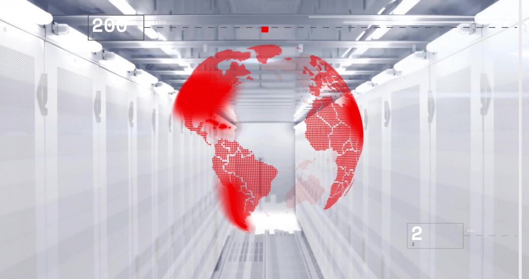 Futuristic Digital Globe Over Data Center Corridor