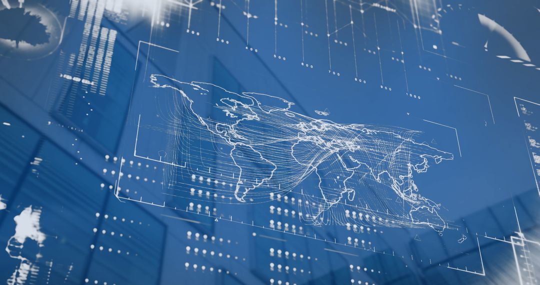 Futuristic Data Interface with World Map Overlay on Urban Building