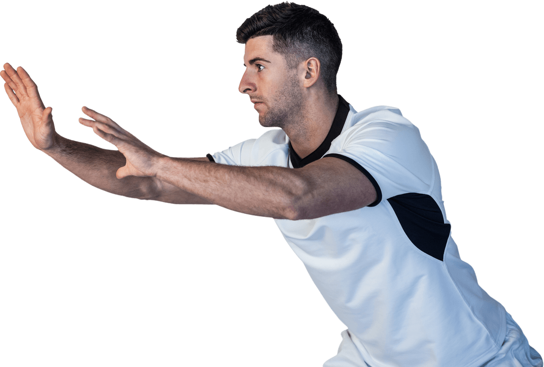 Man Bending and Stretching Arms in Exercise Pose, Transparent Background