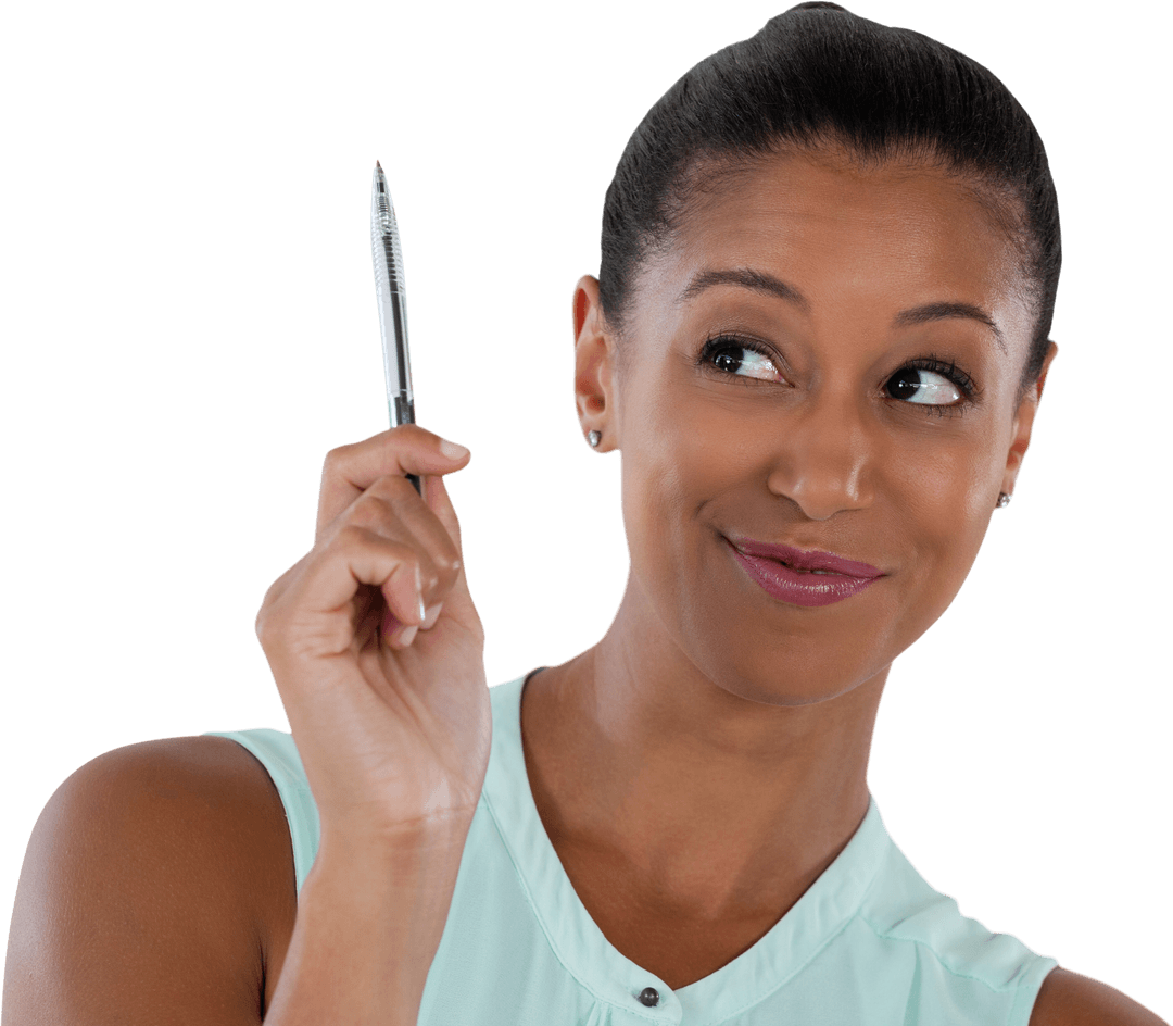 Businesswoman Holding Pen with Playful Expression and Transparent Background