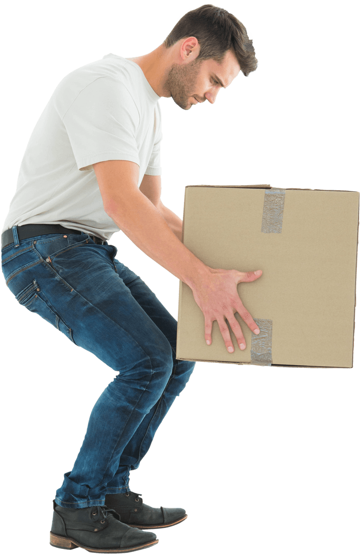 Courier Man Lifting Cardboard Box on Transparent Background