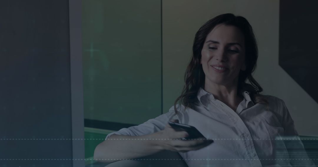 Businesswoman Checks Smartphone with Financial Data Overlay