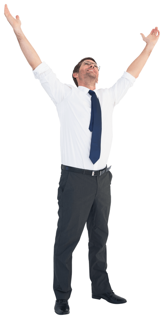 Transparent Joyful Businessman with Arms Raised in Celebration