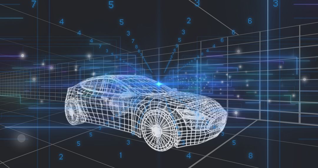 Futuristic Wireframe Car in Digital Grid with Floating Numbers