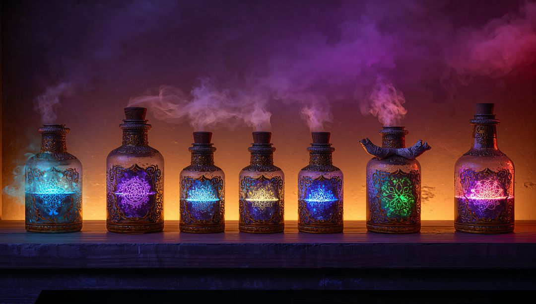 Mystical Glowing Bottles with Colorful Smoke in Fantasy Workshop