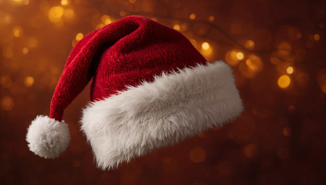 Floating Santa Hat with Plush Faux-Fur Trim and Velvet Red, Warm Bokeh Lights