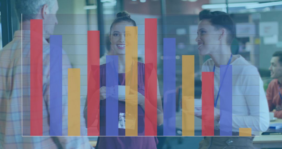 Office colleagues sharing coffee and chatting in lounge with colorful bar chart overlay