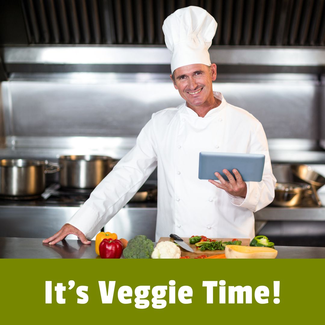 Chef with Tablet Enthusiastically Promoting Vegetarian Time