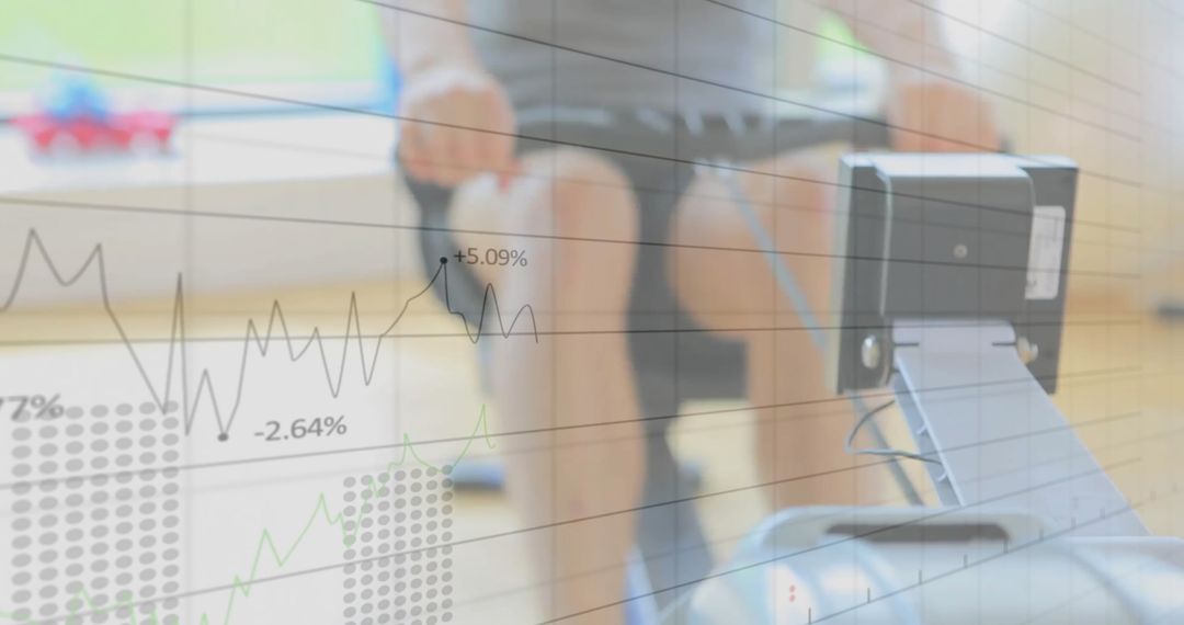 Person Exercising on Rowing Machine with Data Overlay