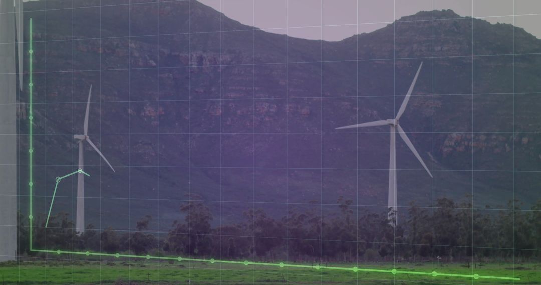 Wind Turbines in Mountain Setting with Graph Overlay Showing Energy Data