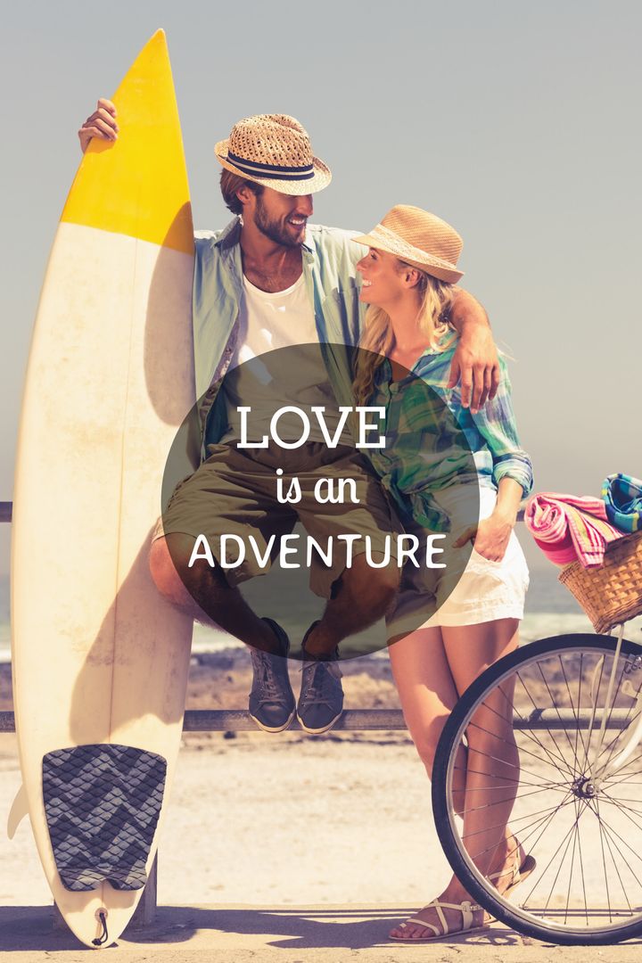 Romantic Couple with Surfboard and Bicycle Enjoying Beach Adventure - Download Free Stock Templates Pikwizard.com