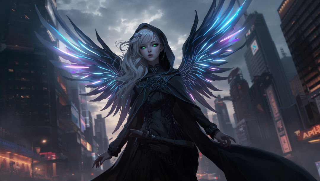 Mysterious Woman with Glowing Mechanical Wings in Cyberpunk Cityscape